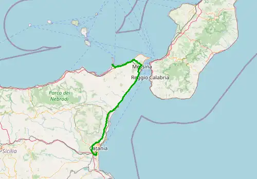 Route map Catania Airport - Milazzo, Sicily Island, 145 km, approx. 107 min