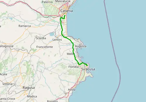 Route map Catania Airport - Syracuse, Sicily Island, 63 km, approx. 59 min