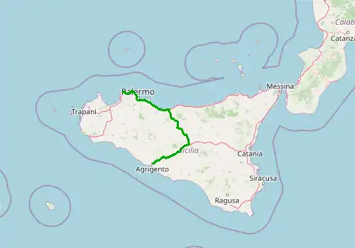 Route map Palermo Airport - Agrigento, 207 km, approx. 153 min