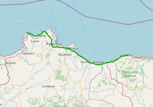 Route map Palermo Airport - Cefalu, Sicily Island, 98 km, approx. 81 min