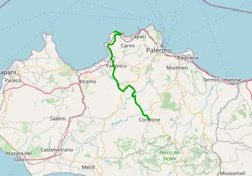 Route map Palermo Airport - Corleone, Sicily Island, 71 km, approx. 78 min