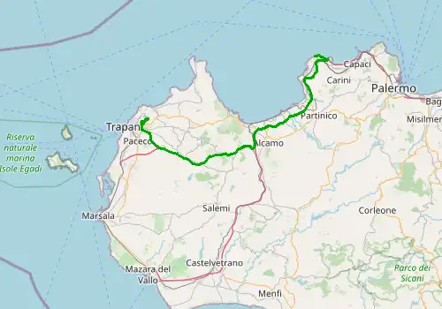Route map Palermo Airport - Erice, Sicily Island, 90 km, approx. 70 min