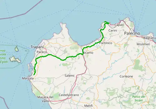 Route map Palermo Airport - Marsala, Sicily Island, 98 km, approx. 75 min
