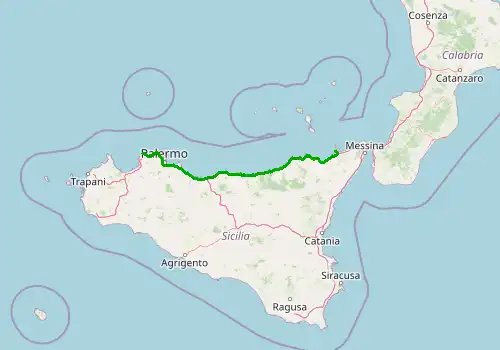 Route map Palermo Airport - Milazzo, Sicily Island, 226 km, approx. 158 min