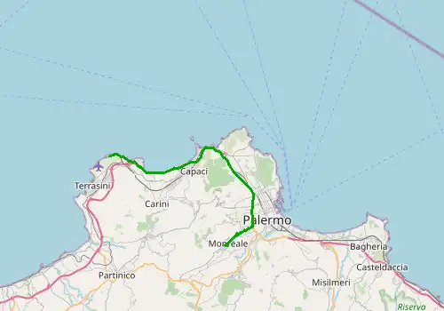 Route map Palermo Airport - Monreale, Sicily Island, 35 km, approx. 38 min