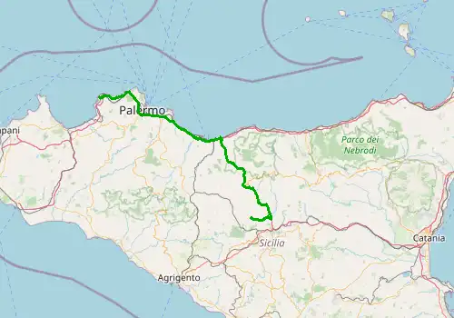 Route map Palermo Airport - Portorosa, Sicily Island, 157 km, approx. 122 min