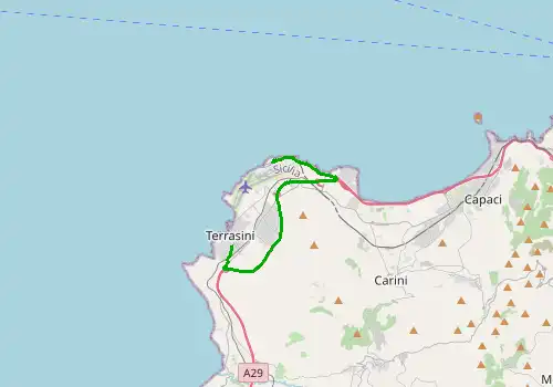 Route map Palermo Airport - Terrasini, Sicily Island, 15 km, approx. 14 min