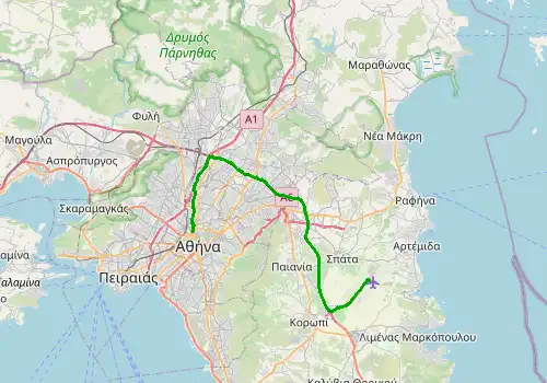 Route map Athens Airport - Athens, Kifissia, 40 km, approx. 39 min