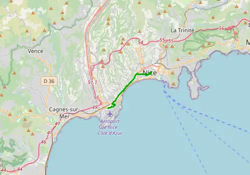 Route map Nice Airport - Nice, 8 km, approx. 13 min
