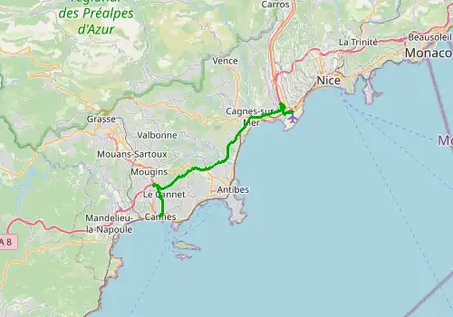 Route map Nice Airport - Cannes, 30 km, approx. 30 min