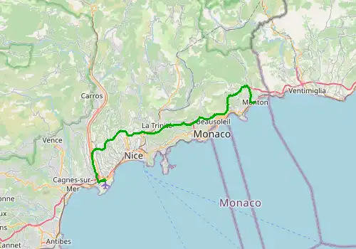 Route map Nice Airport - Menton, 41 km, approx. 39 min