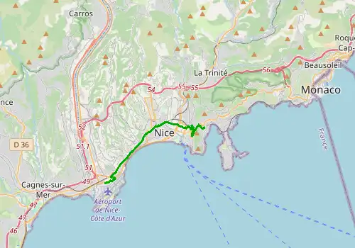 Route map Nice Airport - Villefranche sur Mer, 13 km, approx. 23 min
