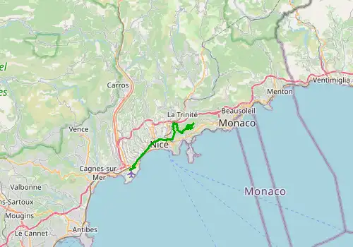 Route map Nice Airport - Eze, 20 km, approx. 37 min