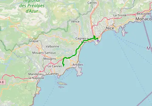 Route map Nice Airport - Vallauris, 23 km, approx. 28 min