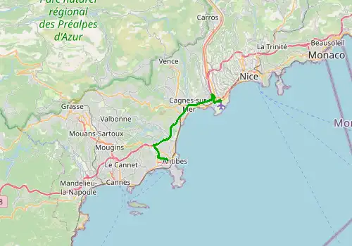 Route map Nice Airport - Antibes, 21 km, approx. 25 min