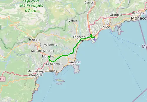 Route map Nice Airport - Mougins, 28 km, approx. 27 min