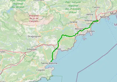 Route map Nice Airport - Sainte Maxime, 79 km, approx. 74 min