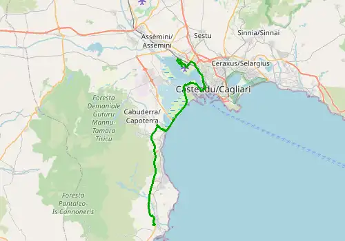 Route map Cagliari Airport - Pula, Sardinia, 45 km, approx. 64 min
