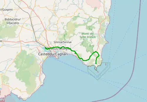 Route map Cagliari Airport - Villasimius, Sardinia, 69 km, approx. 88 min