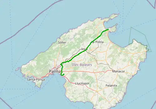Route map Majorca Airport - Alcudia, Majorca, 58 km, approx. 44 min