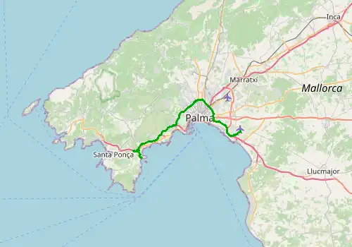 Route map Majorca Airport - Magaluf, Majorca, 29 km, approx. 33 min