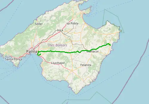 Route map Majorca Airport - Cala Bona, Majorca, 68 km, approx. 62 min