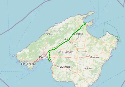Route map Majorca Airport - Can Picafort, Majorca, 60 km, approx. 45 min
