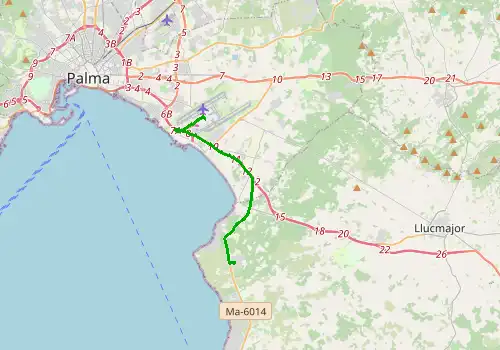 Route map Majorca Airport - Playa de Palma, Majorca, 14 km, approx. 18 min