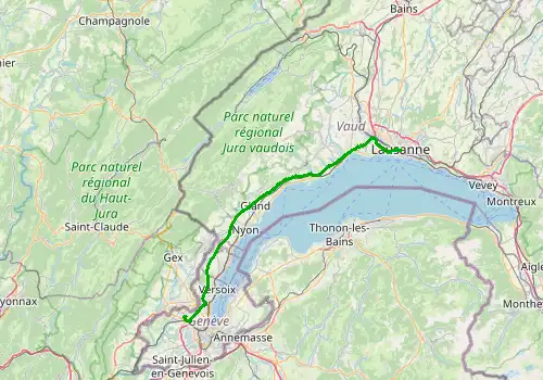Route map Geneva Airport - Lausanne, 64 km, approx. 47 min