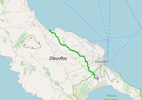 Route map Zakynthos Airport - Alykes, Zakynthos, 17 km, approx. 20 min