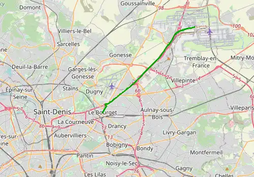 Route map Paris Charles de Gaulle Airport - Le Bourget, 13 km, approx. 12 min