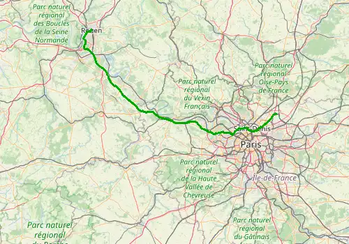 Route map Paris Charles de Gaulle Airport - Rouen, 155 km, approx. 109 min