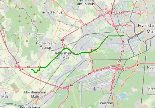 Route map Frankfurt Airport - Frankfurt, 19 km, approx. 19 min
