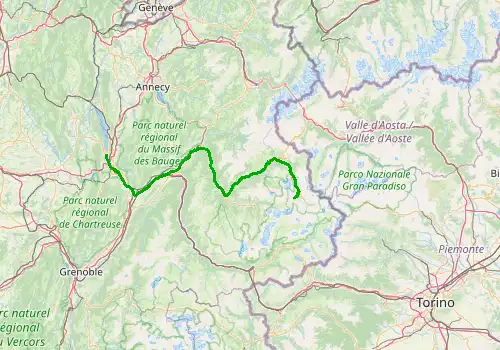 Route map Chambery Airport - Tignes, 143 km, approx. 131 min