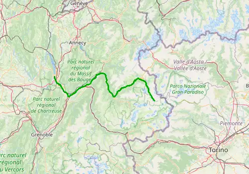 Route map Chambery Airport - Val d Isere, 145 km, approx. 136 min