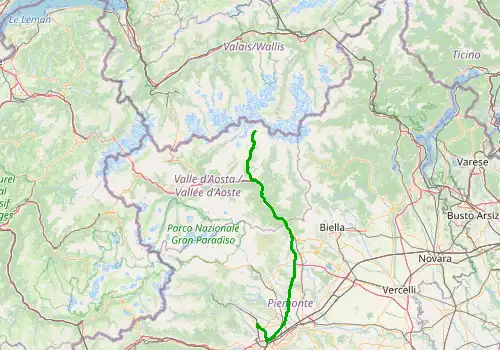 Route map Turin Caselle Airport - Cervinia, 120 km, approx. 98 min