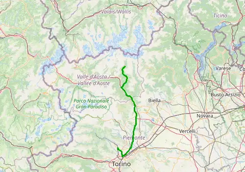 Route map Turin Caselle Airport - Champoluc, 108 km, approx. 83 min