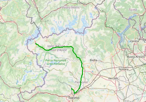 Route map Turin Caselle Airport - Courmayeur, 150 km, approx. 100 min