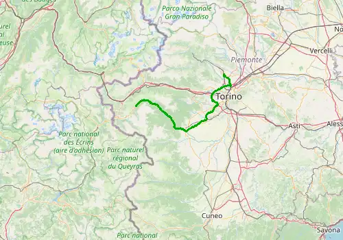 Route map Turin Caselle Airport - Pragelato, 108 km, approx. 102 min