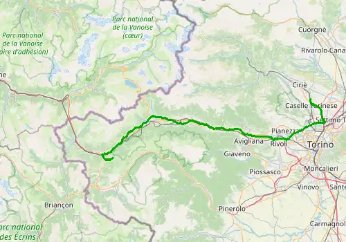 Route map Turin Caselle Airport - Sauze d Oulx, 97 km, approx. 78 min