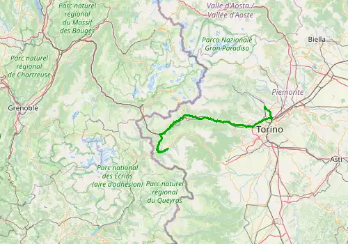 Route map Turin Caselle Airport - Sestriere, 113 km, approx. 94 min