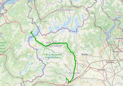 Route map Turin Caselle Airport - Chamonix, 173 km, approx. 129 min