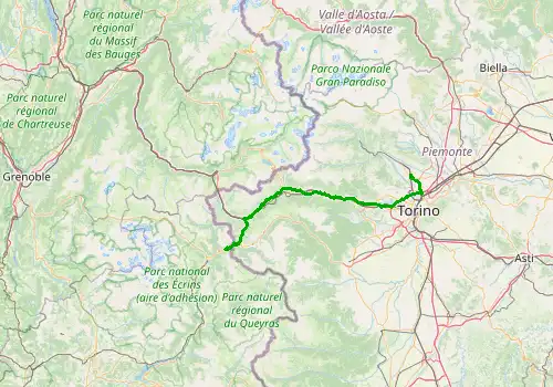 Route map Turin Caselle Airport - Montgenevre, 111 km, approx. 96 min