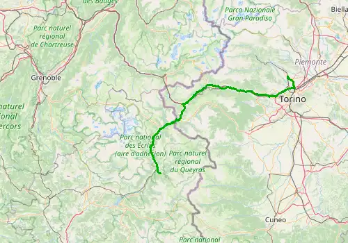 Route map Turin Caselle Airport - Risoul, 157 km, approx. 159 min