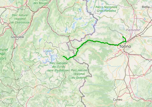 Route map Turin Caselle Airport - Serre Chevalier, 131 km, approx. 126 min