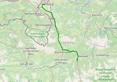 Route map Salzburg Airport - Flachau, 73 km, approx. 48 min