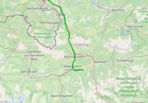 Route map Salzburg Airport - Wagrain, 71 km, approx. 55 min