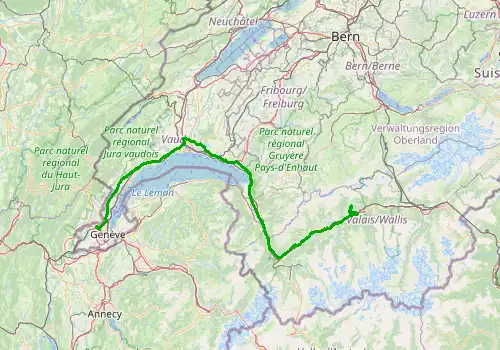 Route map Geneva Airport - Crans Montana, 184 km, approx. 125 min