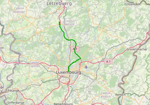 Route map Luxembourg Airport - Luxembourg, 23 km, approx. 22 min