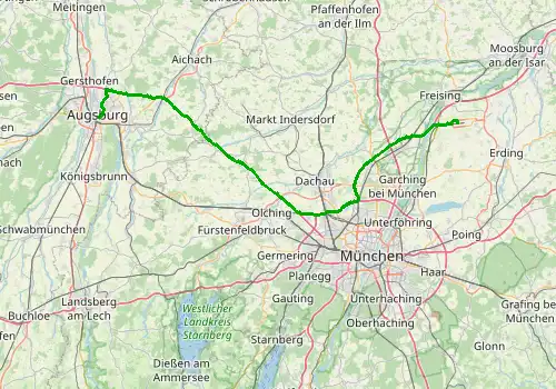 Route map Munich Airport - Augsburg, 90 km, approx. 59 min